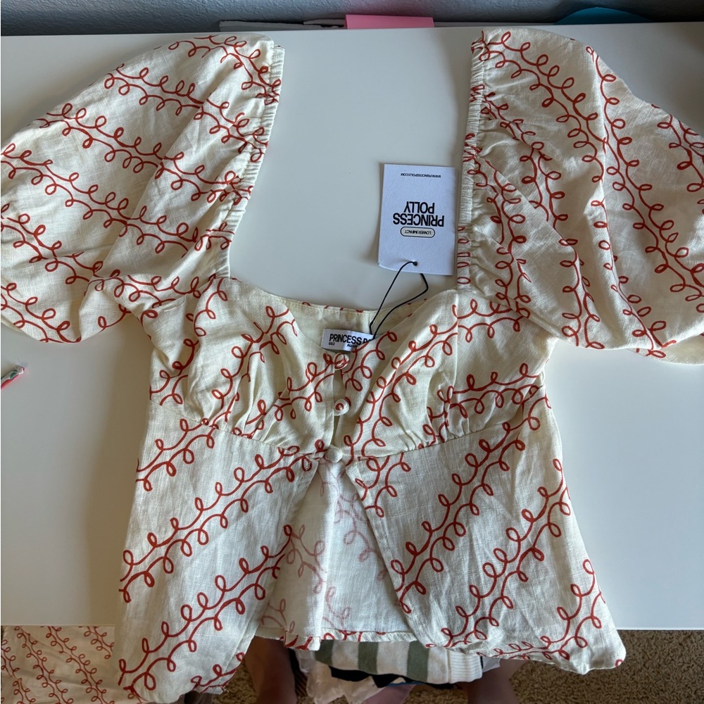 Princess Polly Cream Blouse with Rust Vine Motif
